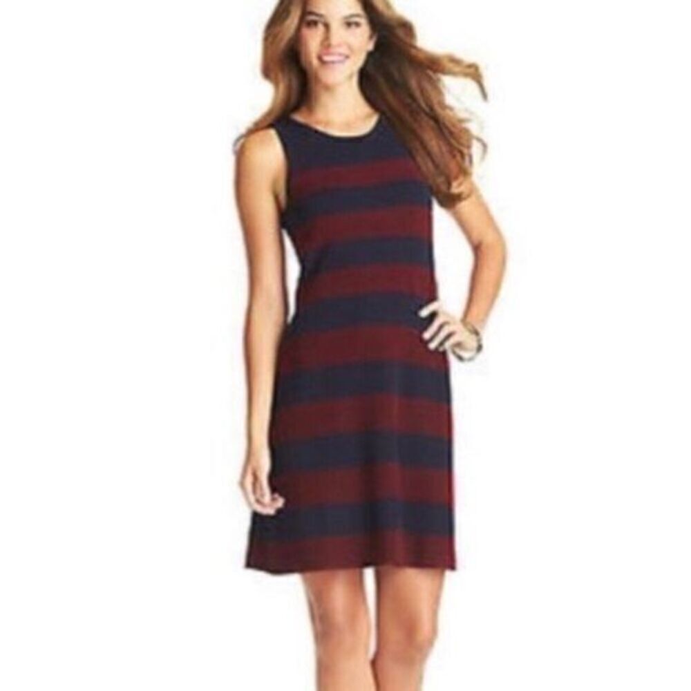 Ann Taylor LOFT Sleeveless Sweater Dress Navy/Maroon Stripe Small NWT